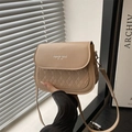 Elegante borsa a sella trapuntata beige con scritte argento e tracolla regolabile - Cachi