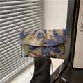 Sequin floral embroidery envelope bag with gold chain strap in beige linen fabric - Blue