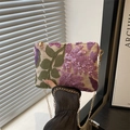 Elegant rectangular beige evening clutch with green leaf embroidery and purple sequins - Purple