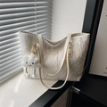 Beige tote bag with colorful wave embroidery, textured pattern and plush charm - With Pendant / White