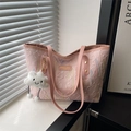 Pink embossed tote bag with letter patterns, leather straps and a plush cloud charm - With Pendant / Pink