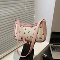 Borsa sottobraccio con stampa di ciliegie rosa su pelle PU bianca e tracolla trendy - Rosa