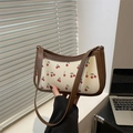 Sac sous l'aisselle rétro crème avec imprimé cerises et bordure en cuir marron - Marron