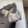 Chic cream jacquard embroidery handbag with silver geometric patterns and leather handle - Off-white