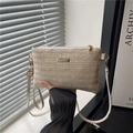 Beige straw woven crossbody bag with gold zipper and cream leather strap for summer - Off White