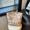 Chic jacquard bucket bag with grey floral embroidery and natural bamboo handle - Beige
