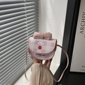 Mini pink checkered crossbody bag with cute cartoon dog and decorative bow detail - Pink