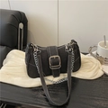 Vintage black denim shoulder bag with silver buckle and metal chain strap - Black