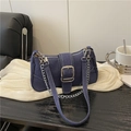 Retro blue denim crossbody bag with large silver buckle and white contrast stitching - Blue