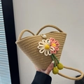 Handgefertigte Strohtasche in Beige mit Blumenakzenten und einem Perlenverschluss - Khaki