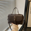 Minimalist dark brown litchi pattern leather handbag with gold buckle and crossbody strap - Brown