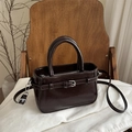 Vintage small square shoulder bag in glossy dark brown faux leather with buckle detail - Dark Brown
