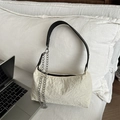 Creamy white pleated canvas hobo bag with black strap and silver chain detail - White