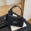 Minimalist black corduroy underarm bag with striped texture and rope handle - Black