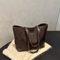 Deep brown retro leather tote bag with lychee texture and gold fashion lettering - Dark Brown