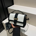 Fashionable black and white contrast leather crossbody bag with geometric triangle embossing - Black and White