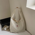 Bolso tote de lona con patrón de cuadros amarillos y azules y lazo decorativo - Blanco Roto