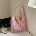 Borsa tote in tela a quadretti rosa e blu con fiocco giallo e etichetta del marchio - Rosa