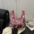 Borsa a spalla in paillettes rosa con finitura glitterata e tracolla in pelle - Rosa
