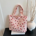 Bolso tote de pana rosa con estampado de fresas y gran capacidad para mujer - Rosa