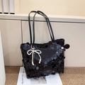 Bolso tote de lentejuelas negras para mujer con un delicado colgante de lazo de perlas blancas - Con Colgante / Negro