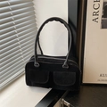 Elegante borsa rettangolare in pelle scamosciata nera con doppie tasche e manici - Nero