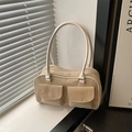Borsa quadrata in tela retrò con due tasche frontali e profili a contrasto beige - Cachi