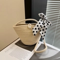 Secchiello intrecciato a mano beige stile francese con foulard a pois e perla - Bianco Sporco