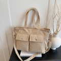 Beige corduroy tote bag with double front pockets and adjustable strap for women - Khaki