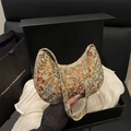 Floral embroidery crescent shoulder bag in vintage beige with woven flower patterns - Pink