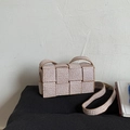 Khaki and white woven small square crossbody bag with geometric pattern and long strap - Khaki