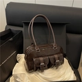 Dark brown shiny patent leather bowling bag with two front pockets for women - Brown