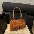Glossy brown patent leather underarm pillow bag with dual front silver buckles - Brown