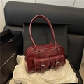 Chic burgundy patent leather shoulder bag with vintage dual pockets for women - Burgundy