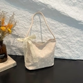 Orangefarbene Karo-Eimertasche mit Gänseblümchen-Prints und großer Spitzenschleife - Khaki