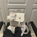 Creamy white plaid backpack with a cute cartoon bear print and plush bear charm - With Pendant / White