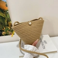 Light brown handmade woven bucket bag with pearl button and thin shoulder strap - Khaki