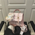 Pink checkered mini backpack with cute puppy print and plush dog keychain detail - With Pendant / Pink