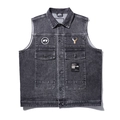 Men's oversized grey denim vest with intricate deer head embroidery and multi-pockets - 5XL / Black