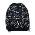 Oversized zwart sweatshirt met witte graffiti-opdruk en geribde manchetten voor heren - 2XL / Zwart