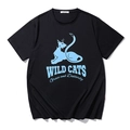 Men's loose black cotton t-shirt with light blue wild cats silhouette graphic print - L / Black Blue Wild Cat (T6140)