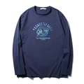 Men's navy blue long sleeve cotton T-shirt with vintage circular graphic print and ribbed cuffs - XL / Navy Blue