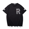 T-shirt noir ample en coton pour homme avec logo R en strass et imprimés sur manches - XL / Noir