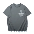 Men's loose gray cotton T-shirt with white letter R print and crew neck design - Dark Green