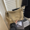 Chic khaki leather shoulder bag with silver chain straps and flap closure design - Khaki