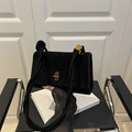 Minimalist black suede crossbody square bag with vintage gold clasp and thick rope strap - Black