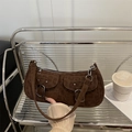 Bolso retro de ante marrón oscuro con dos bolsillos delanteros con hebilla y bandolera - Marrón