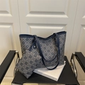 Grande borsa tote in jacquard grigio con finiture in pelle blu navy e motivo geometrico - Blu