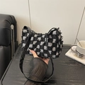 Chic black and white checkerboard hobo bag with frayed edges and leather strap - Black Grid