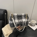Classic black and white checkered tweed shoulder bag with gold chain and leather handle - White Gray Grid Tweed Shoulder Bag / White Grid